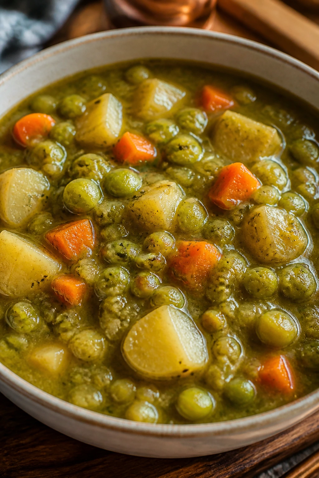 Green split pea and potato chowder in a bowl