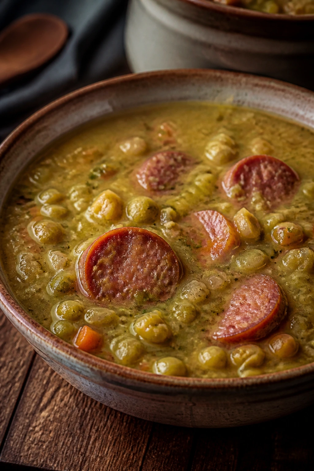 Close-up of Split Pea and Sausage Soup with split peas and sausage.