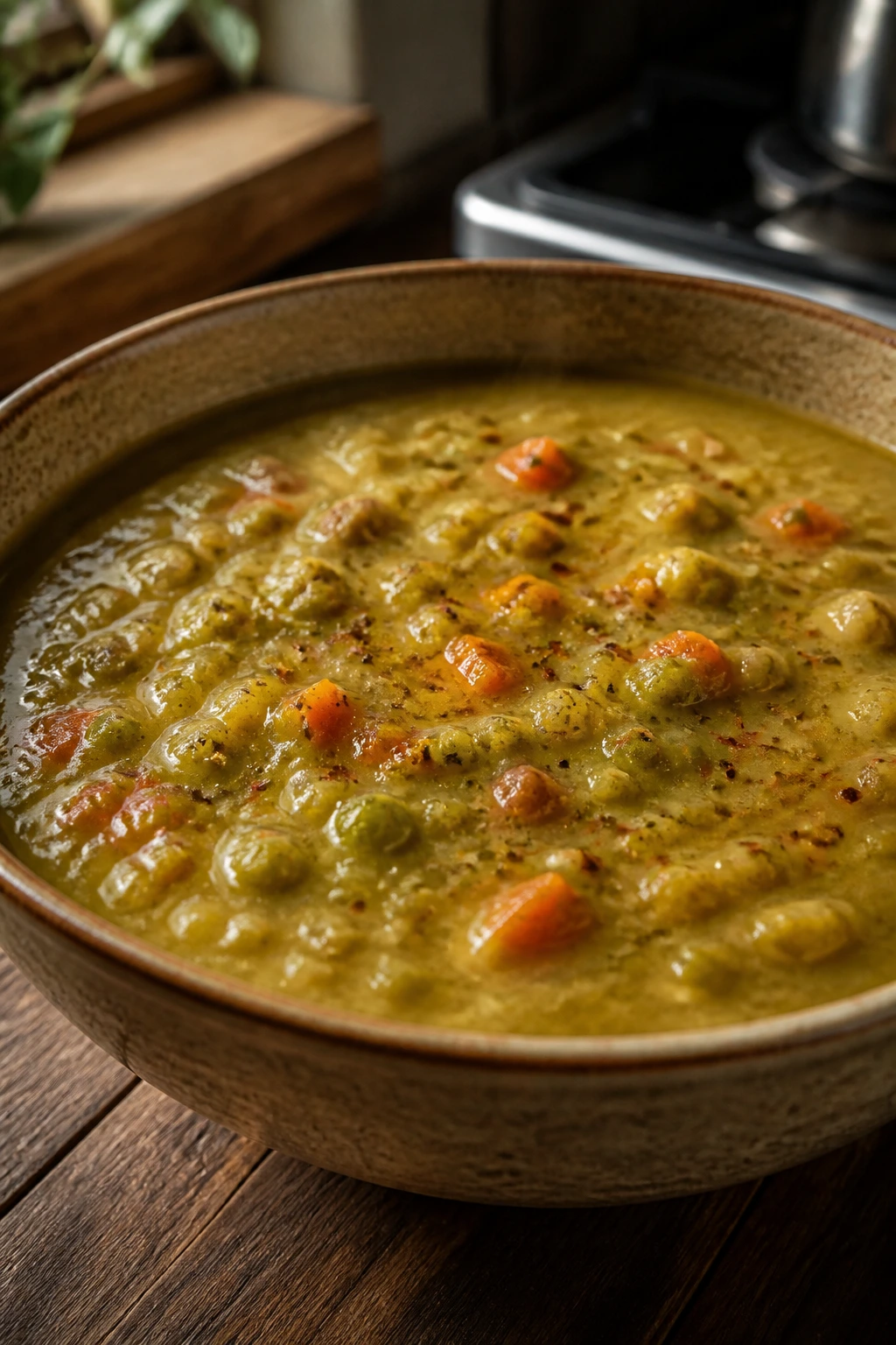 Close-up of thick green split pea soup in a rustic bowl on a wooden table