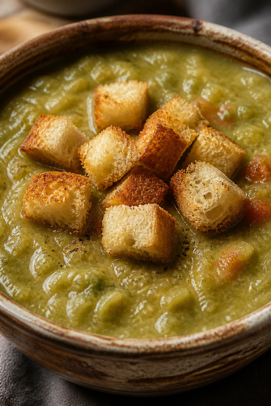 Thick split pea soup with croutons in a rustic bowl
