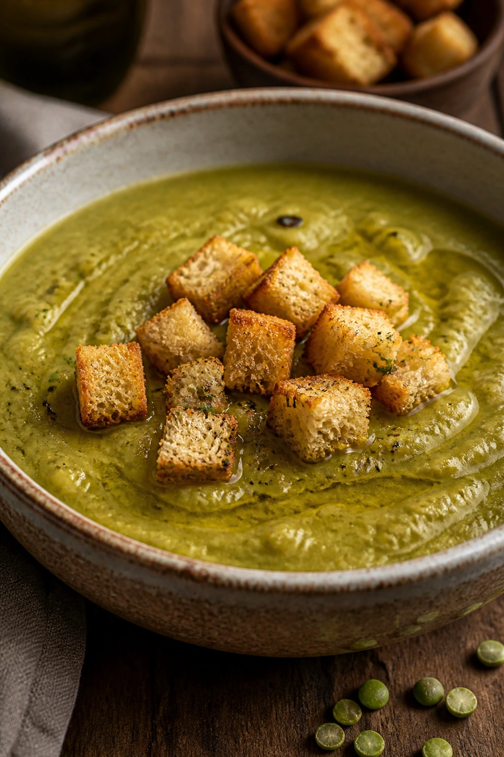 Split pea soup with croutons in a rustic bowl