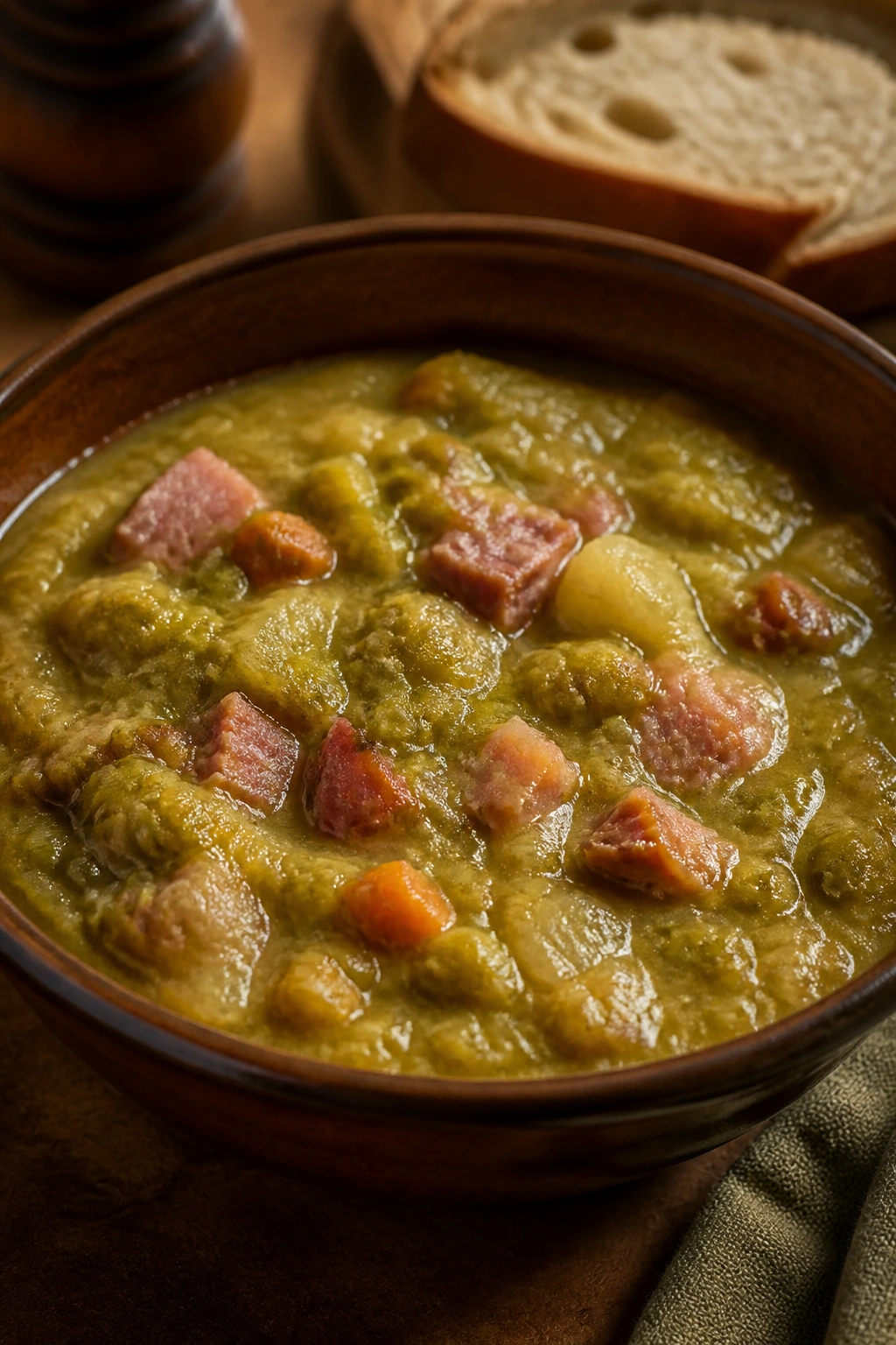 Thick green split pea soup with ham in a bowl.