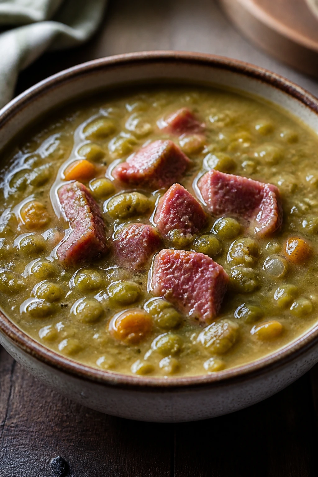 Thick green split pea soup with ham in a bowl on a wooden table