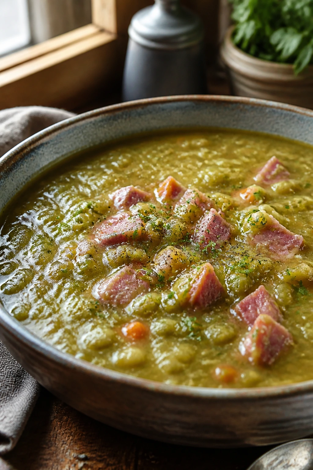 Thick green split-pea soup with ham in a bowl