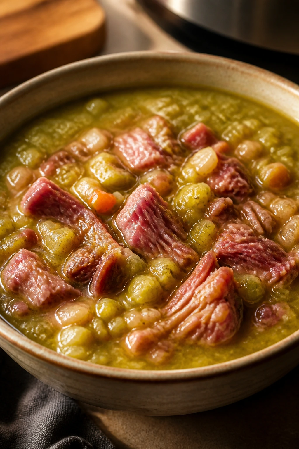 Thick split pea soup with smoked ham in a bowl.