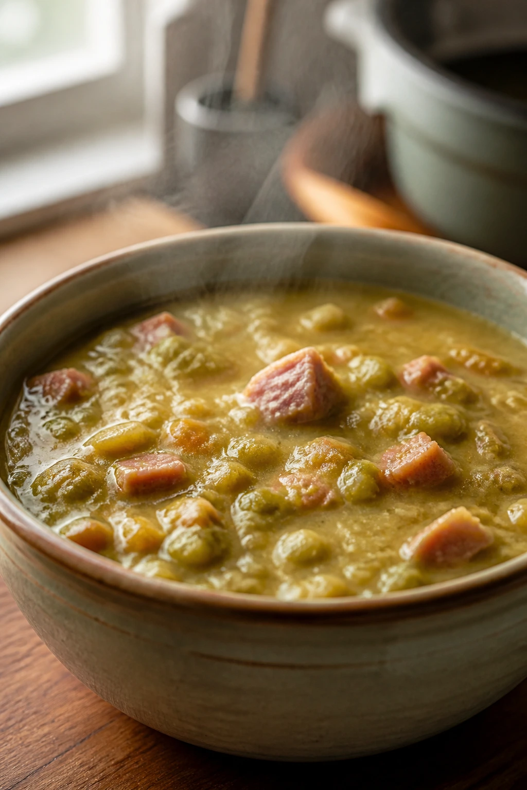 Thick split pea soup with ham in a bowl, steam rising in a cozy kitchen