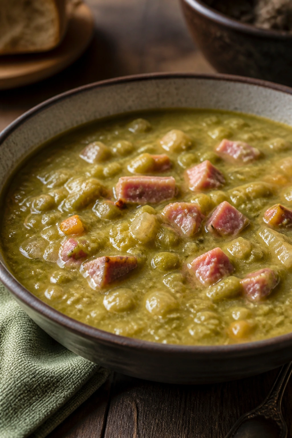 Thick split pea soup with ham in a deep bowl