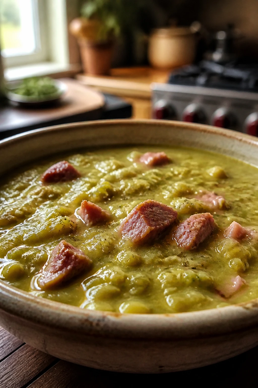 Close-up of thick green split-pea soup with ham in a cozy kitchen
