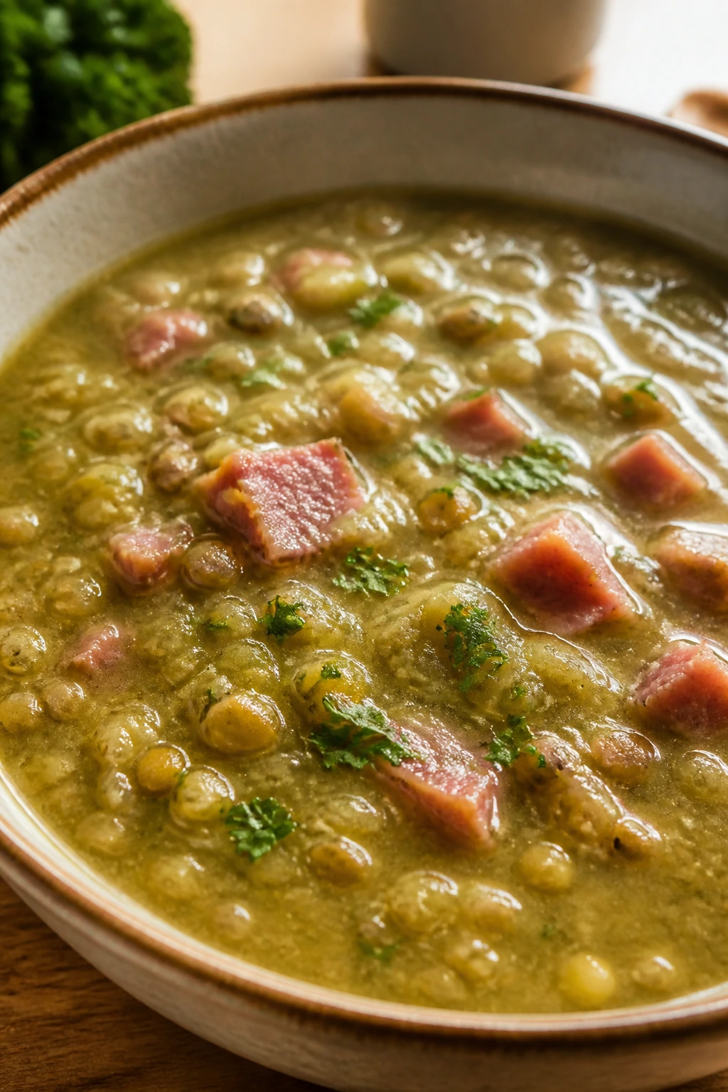 Close-up of Split Pea Soup with Ham in a bowl with ham chunks.