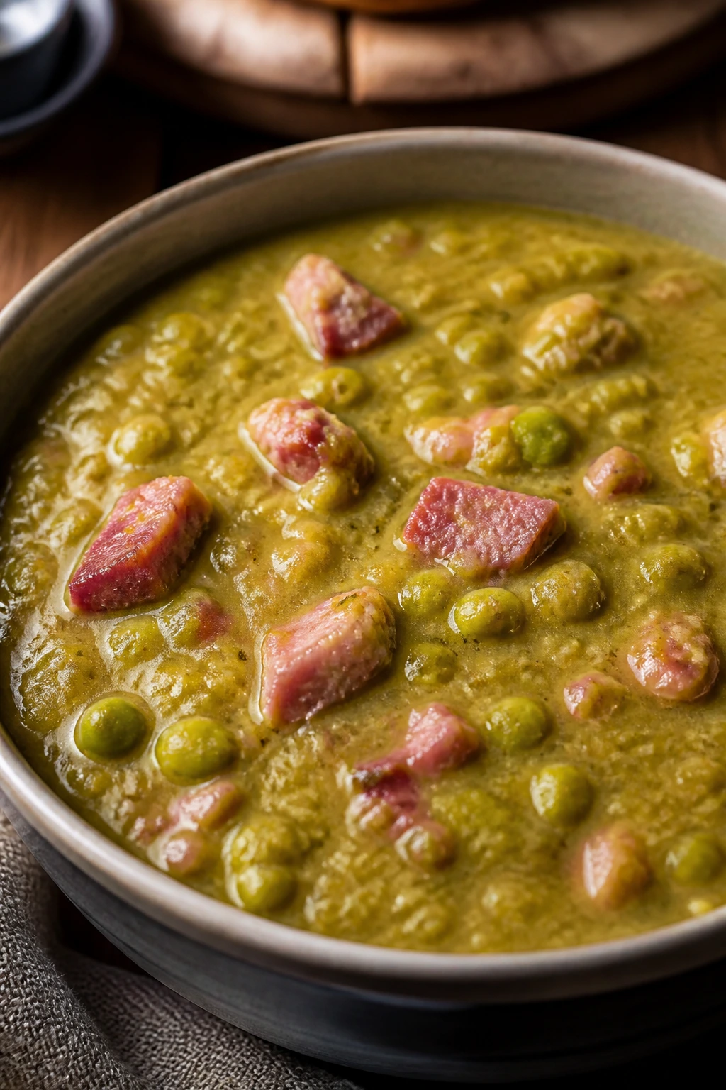 Close-up of split pea soup with ham in a bowl