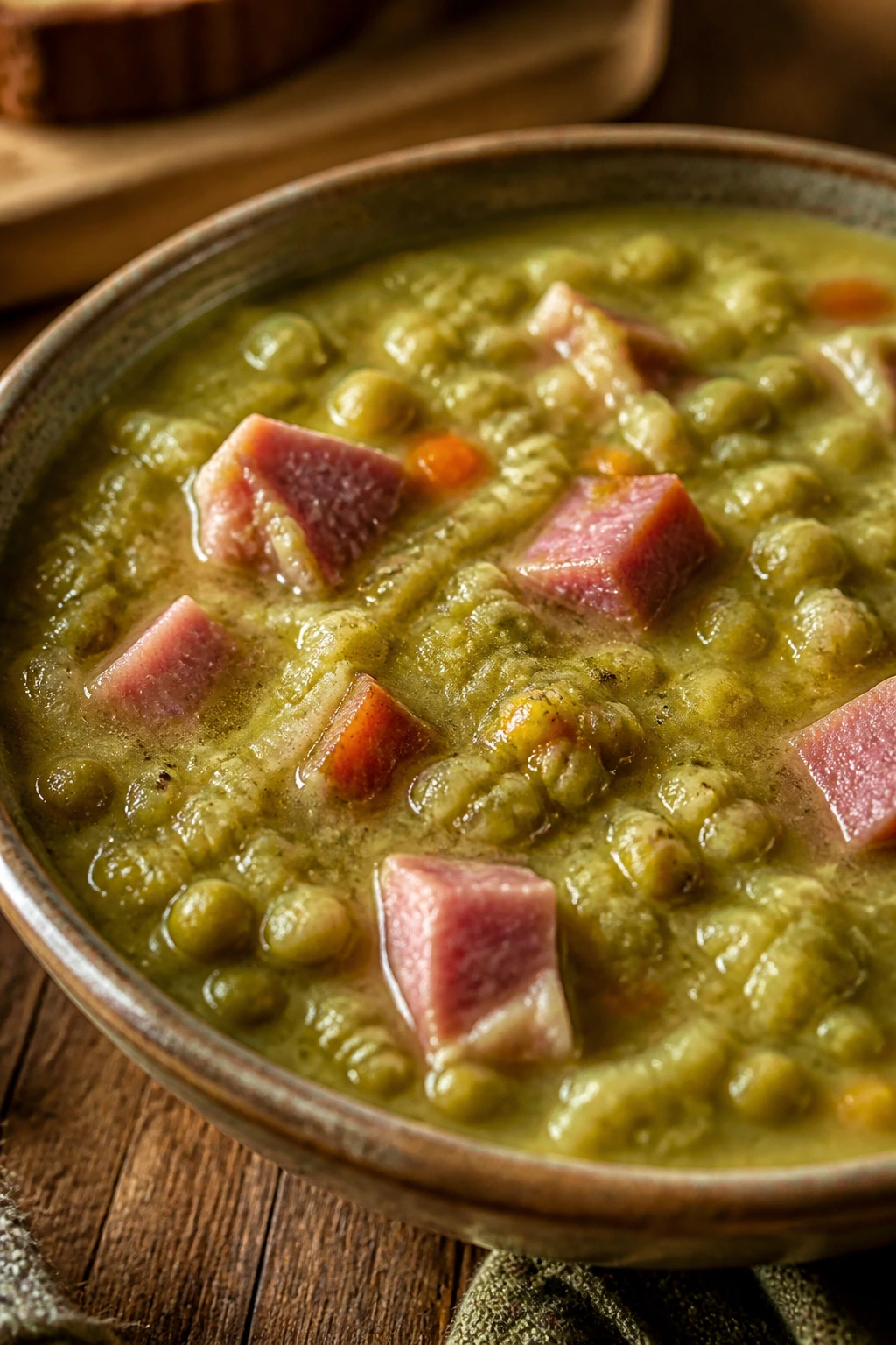 Thick split pea soup with ham chunks in a rustic bowl on a wooden table