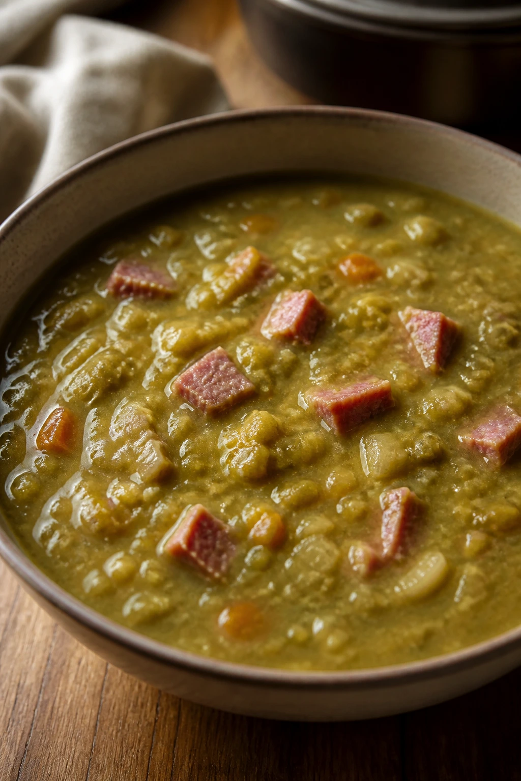 Thick split pea soup with ham in a deep bowl on a wooden table