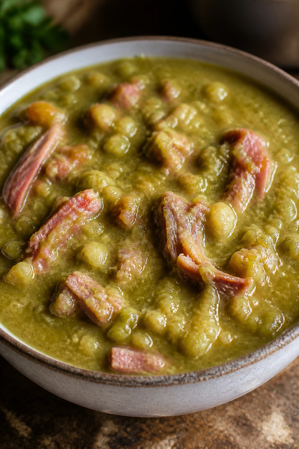 Close-up of thick split pea soup with ham in a bowl