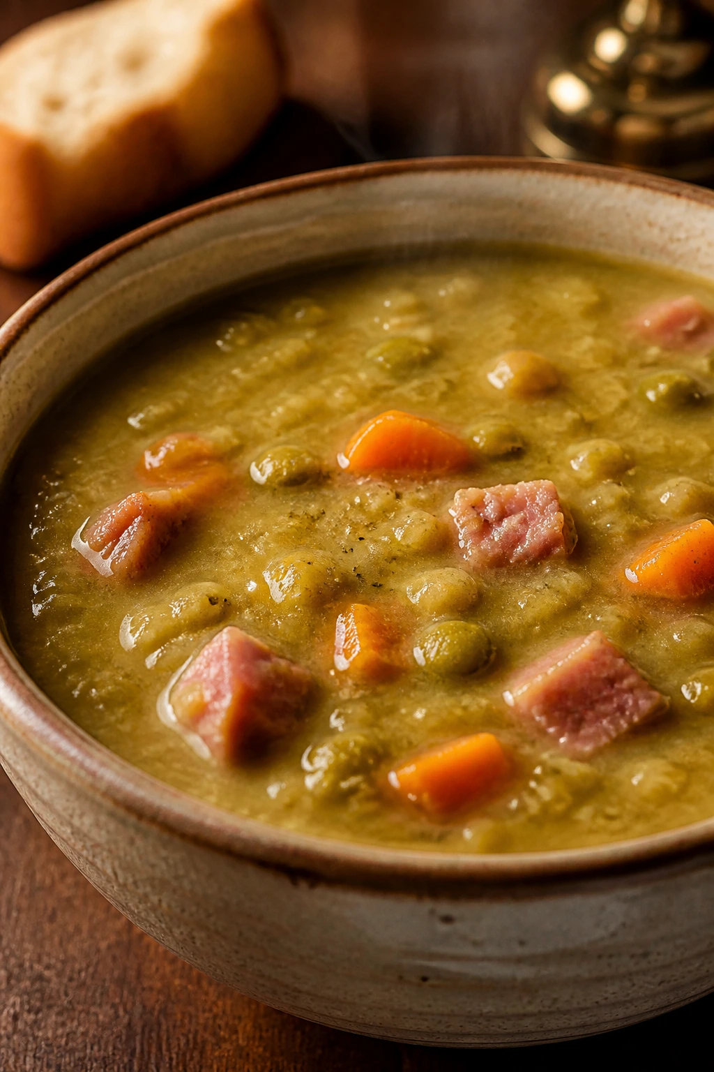 Creamy split pea soup with ham and carrots in a rustic bowl