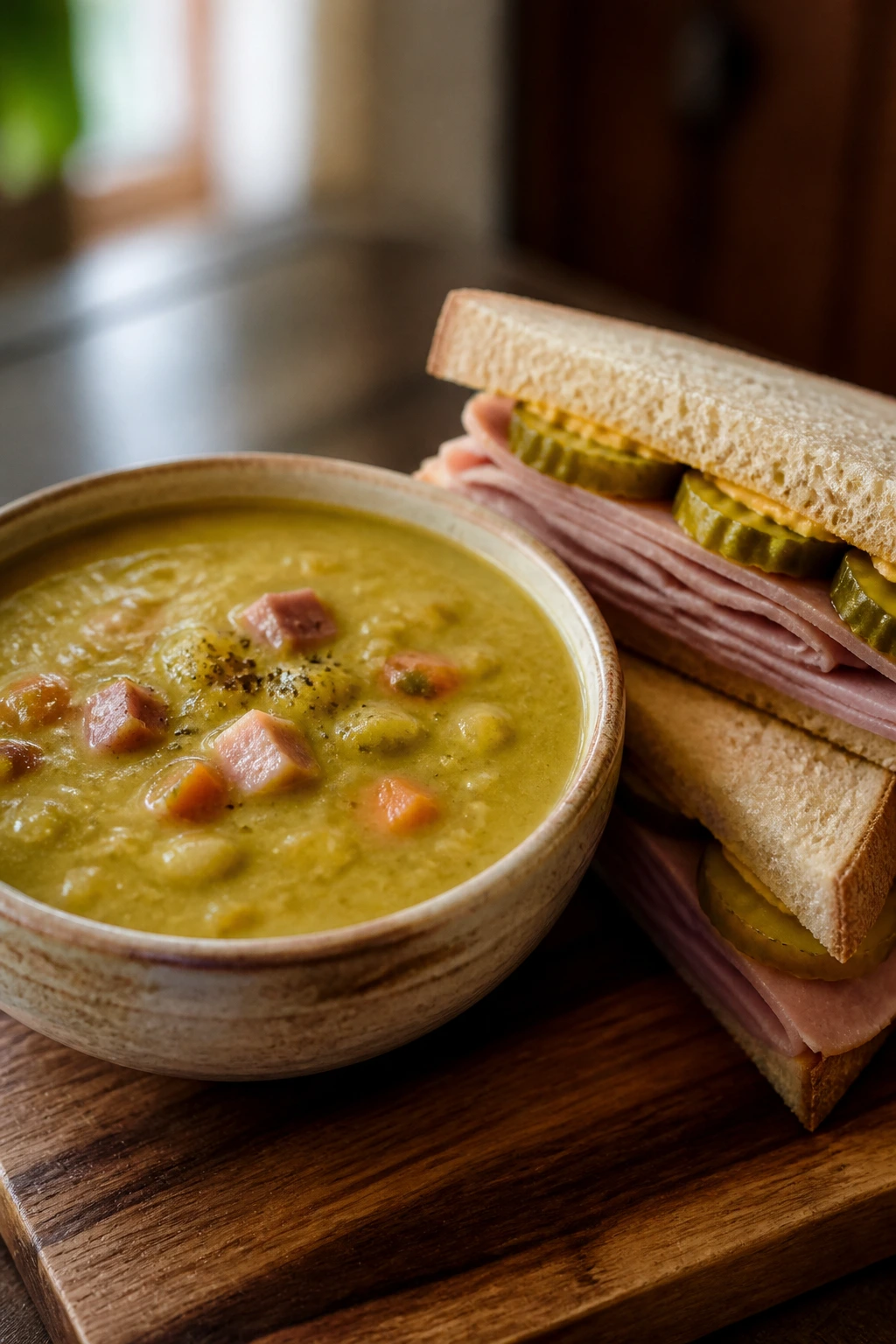 Split pea soup with ham and pickle sandwich on a wooden board