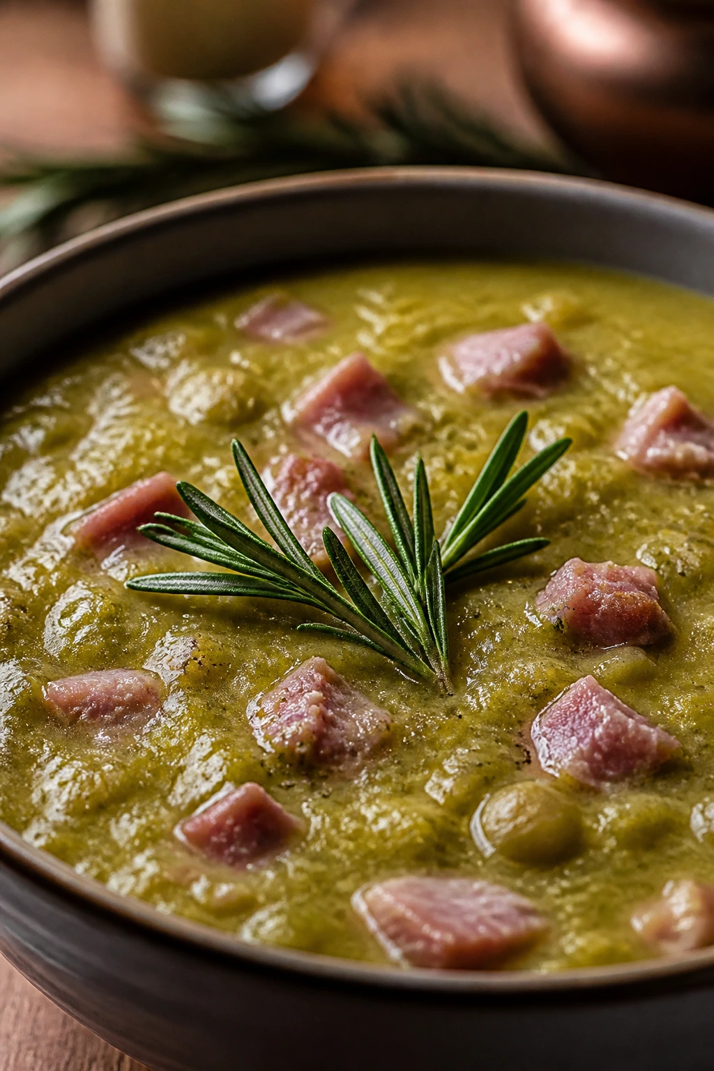 Close-up of thick green split pea soup with ham in a bowl, rosemary garnish