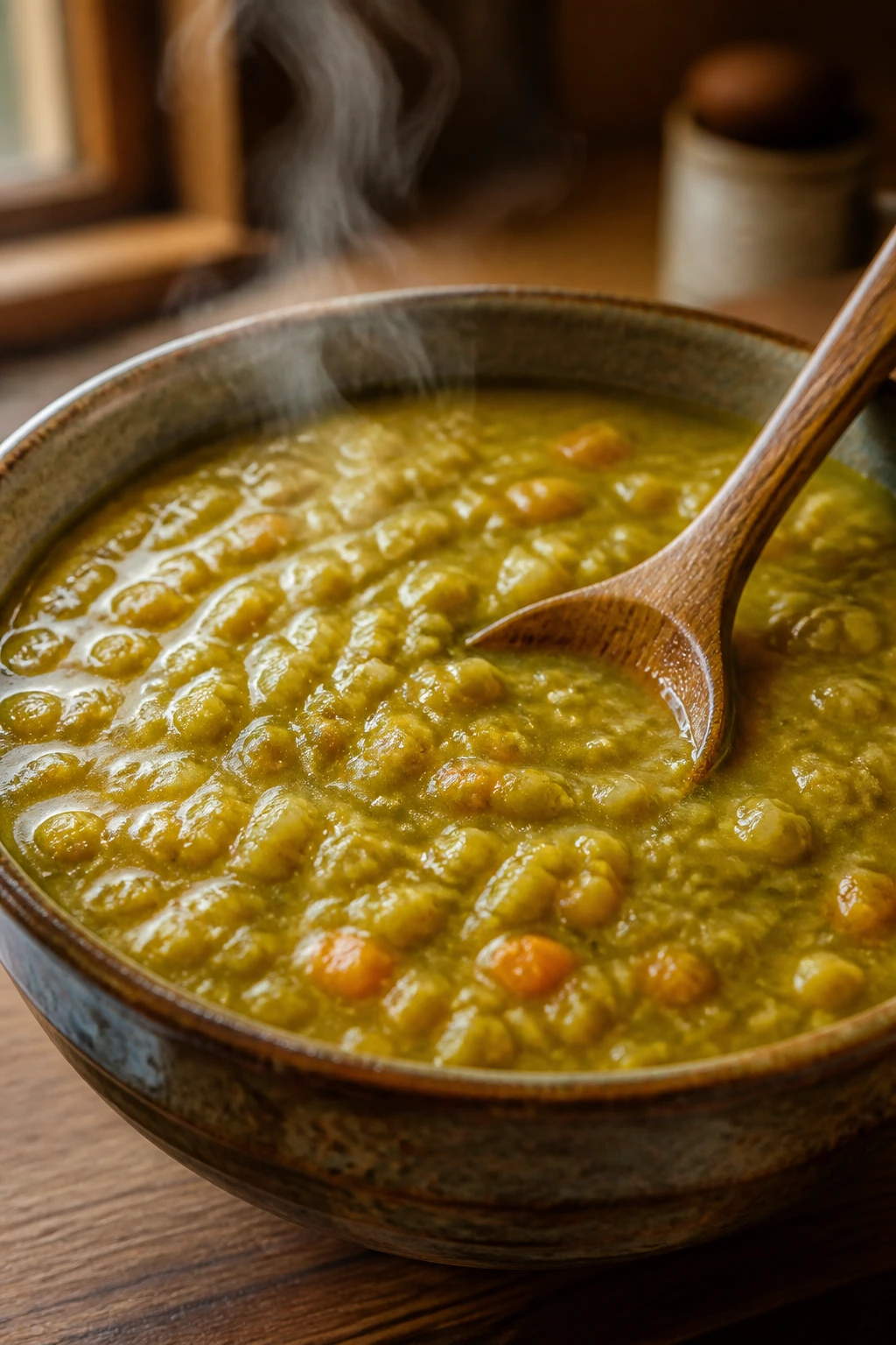 Close-up of Split Pea Soup in a rustic bowl with green-gold texture