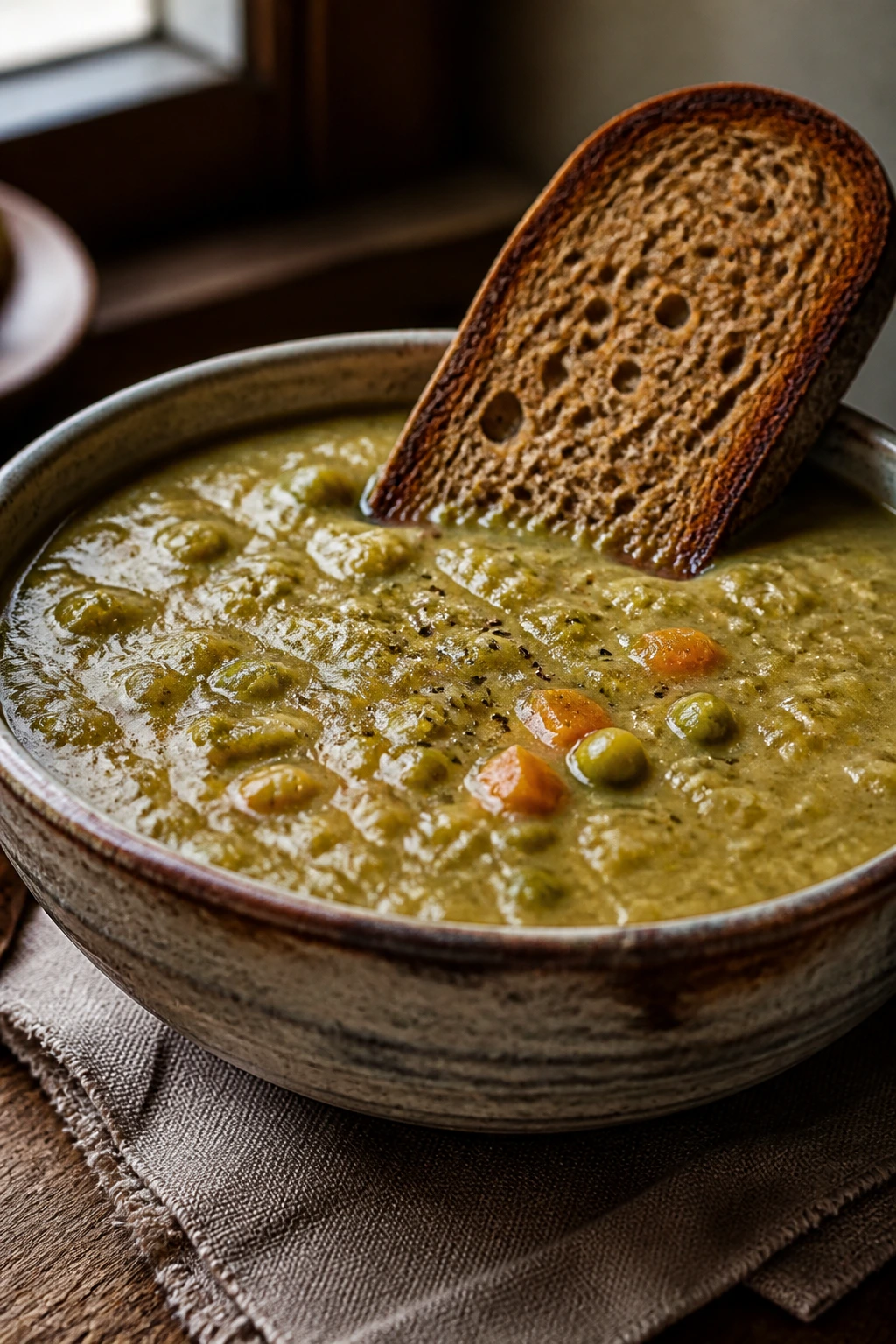 Creamy split pea soup in a rustic bowl with rye toast on the rim