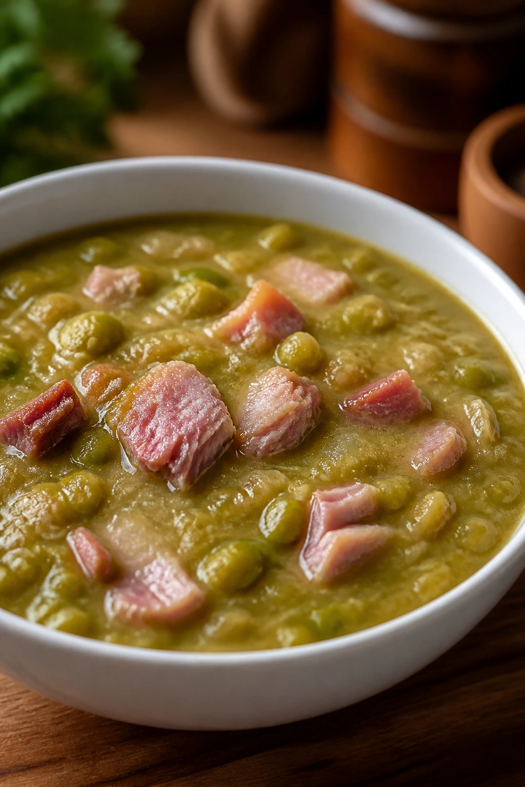 Split pea soup with smoked turkey in a white bowl, velvety green soup