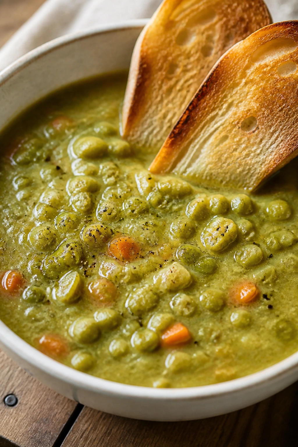 Green split pea soup with toast on the side