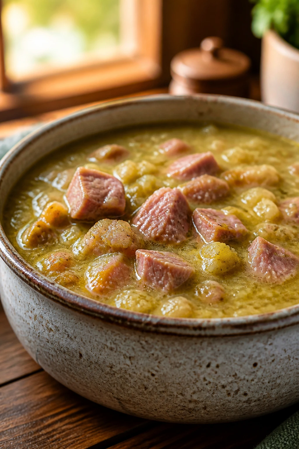 Thick Split Pea and Ham Soup in a rustic ceramic bowl, steaming and velvety