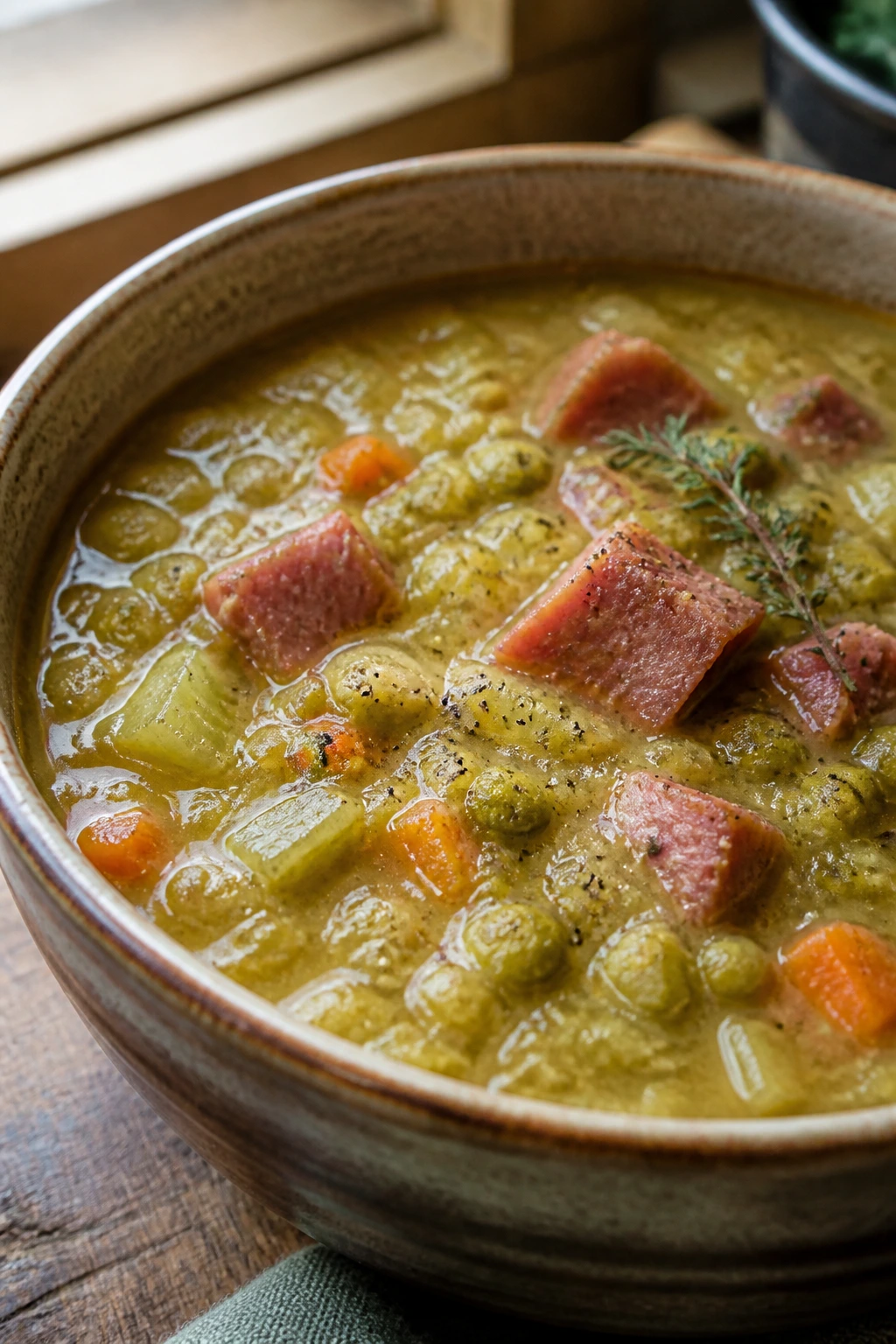 Thick split pea soup with ham in a rustic bowl