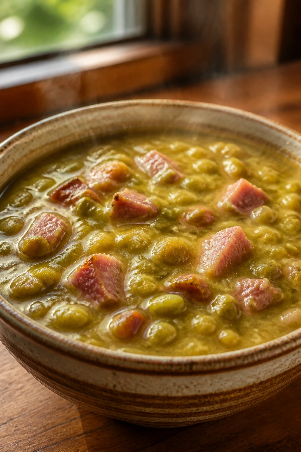 Close-up of thick green split pea soup with ham in a rustic bowl