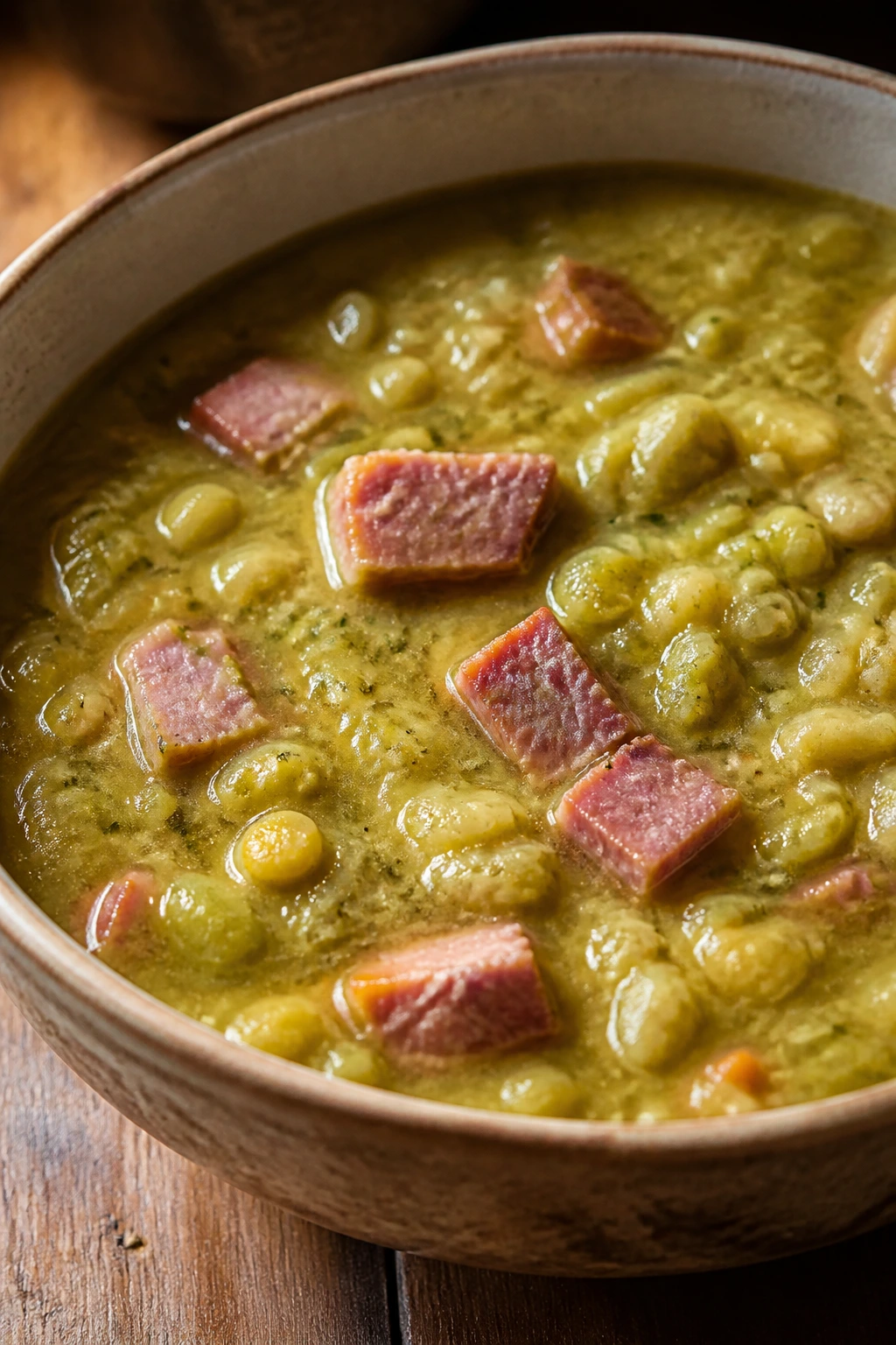 Thick split pea soup with ham in a rustic bowl