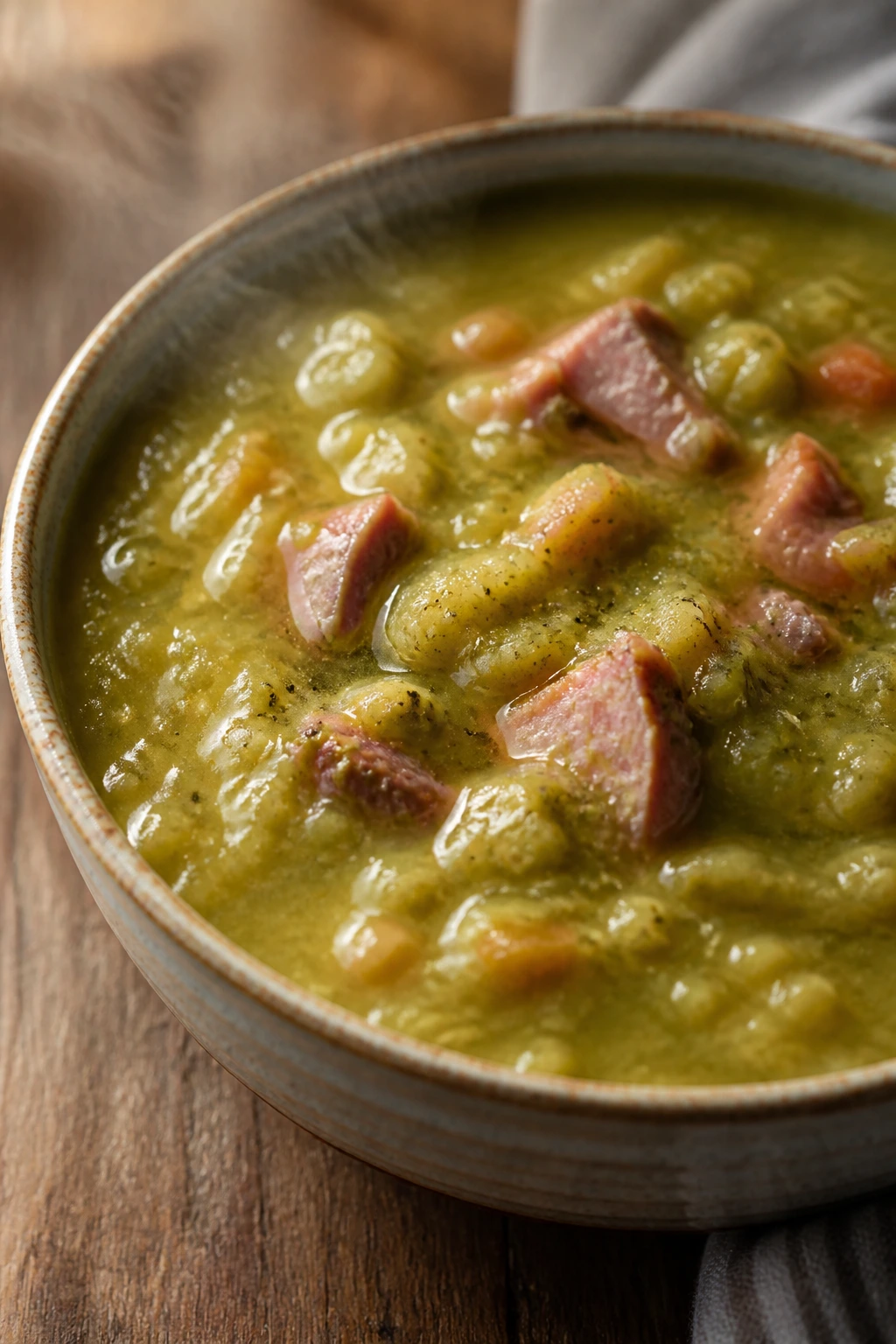Close-up of thick green split-pea soup with ham in a rustic bowl