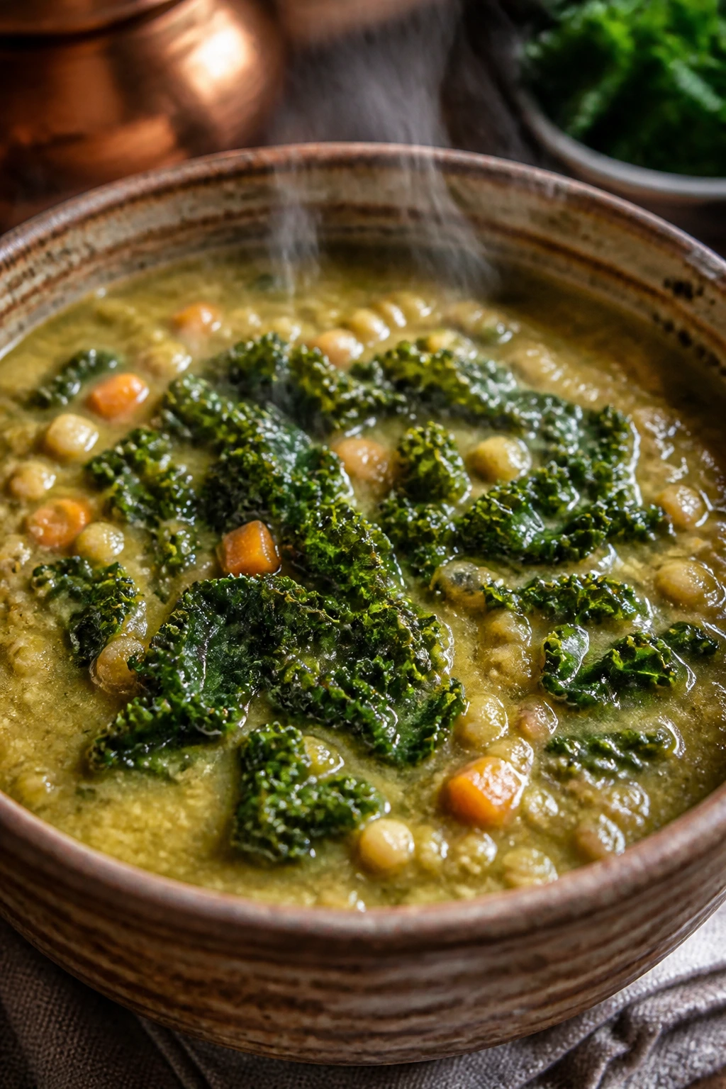 Thick split pea soup with greens in a rustic bowl