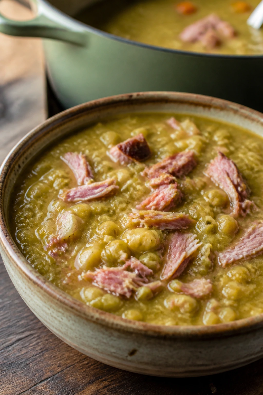 Close-up of Split Pea Soup with Ham in a rustic ceramic bowl, thick green-gold texture