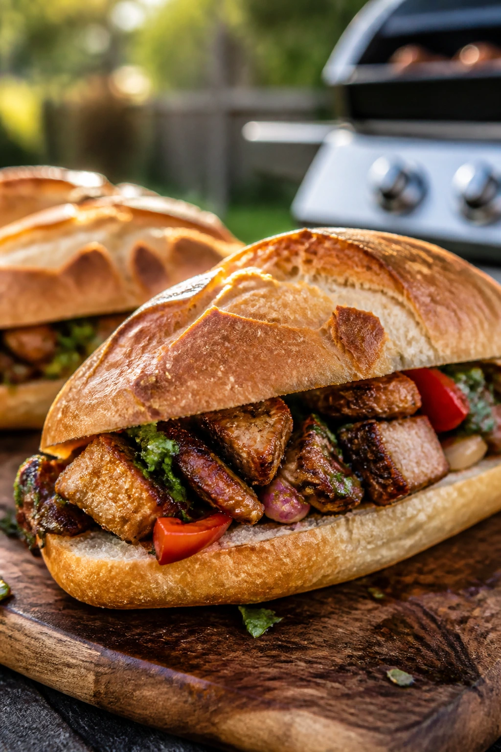 Split-top bun with filling peeking out on a wooden surface outdoors