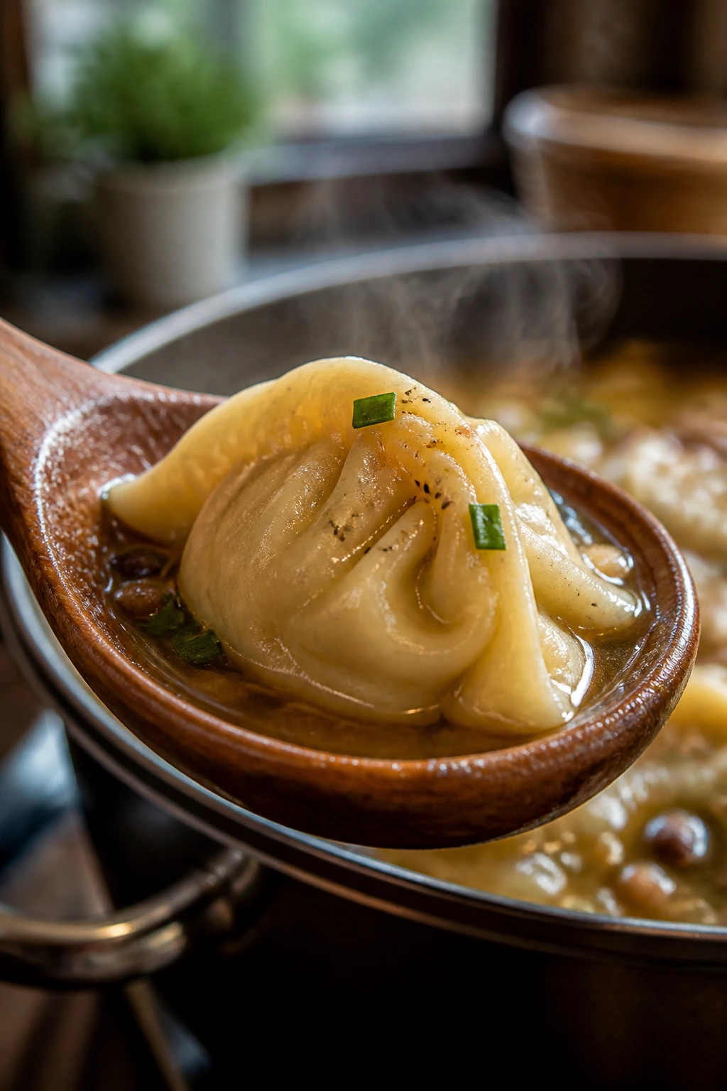 Close-up of a wooden spoon with a dumpling and steam