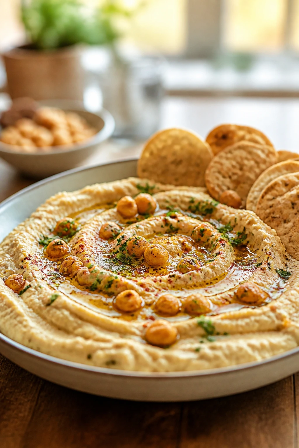 Wide shallow platter with dip and crackers arranged to look abundant