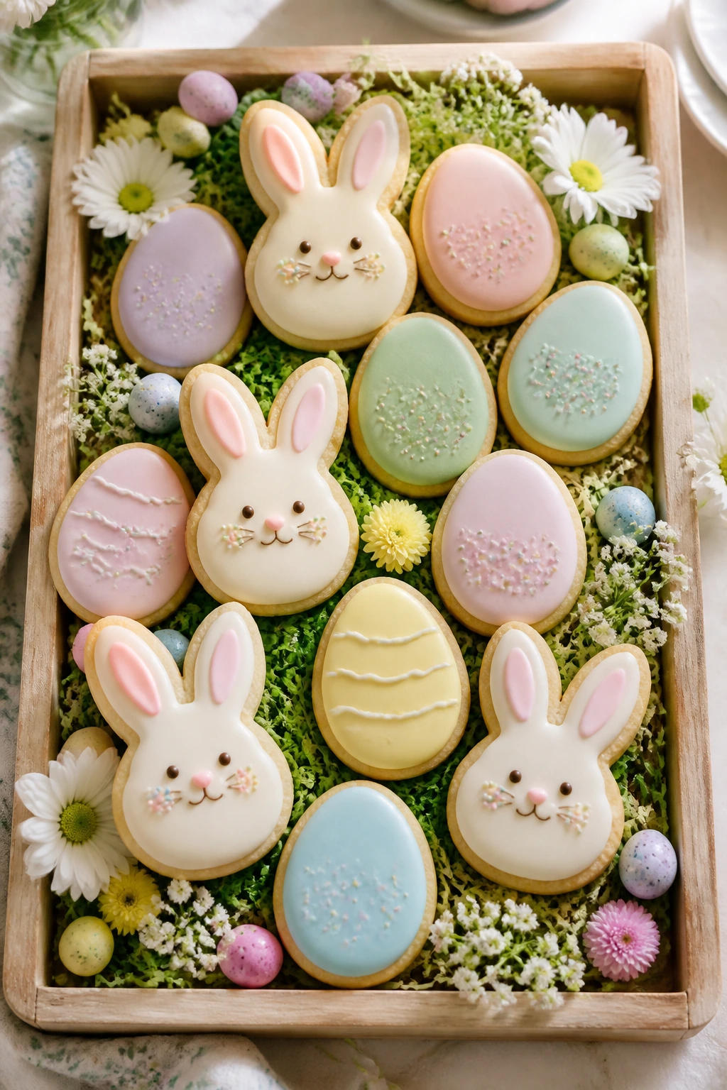 Top-down view of a spring dessert tray with bunny and egg cookies arranged attractively.