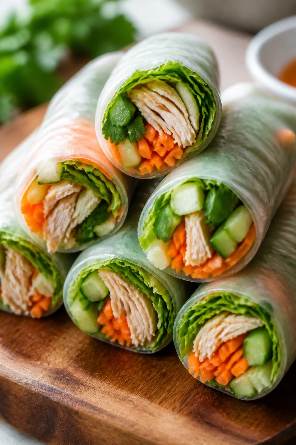 Close-up of fresh veggie chicken spring rolls showing colorful fillings inside translucent wrappers
