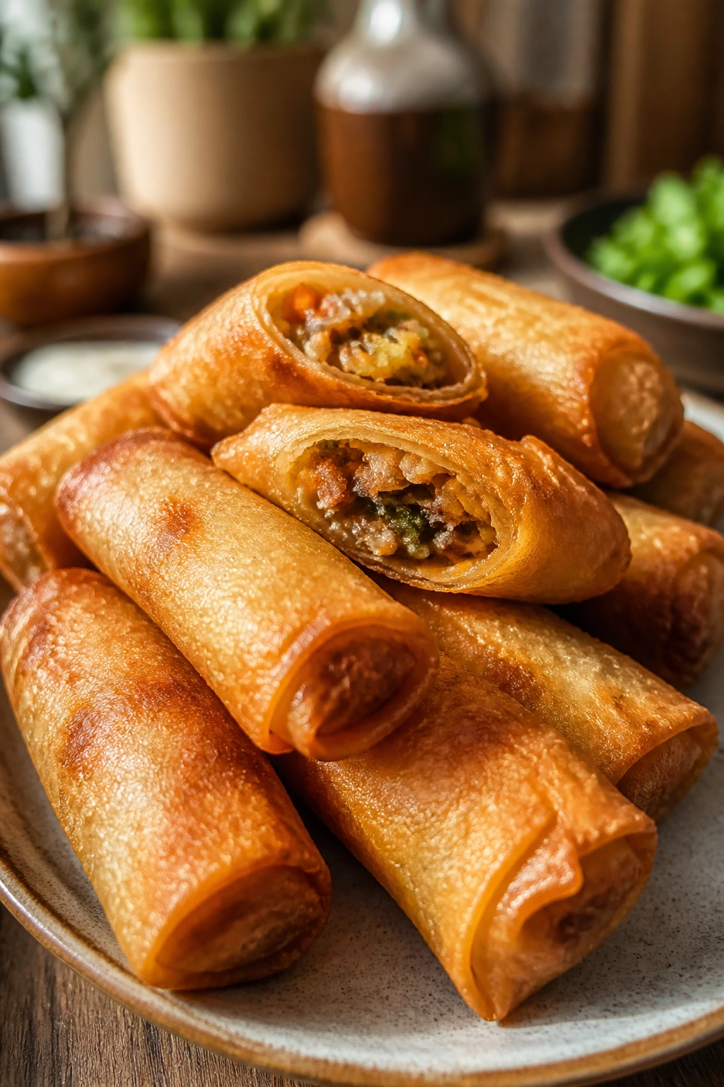 Golden crispy spring rolls on a plate with crisp texture
