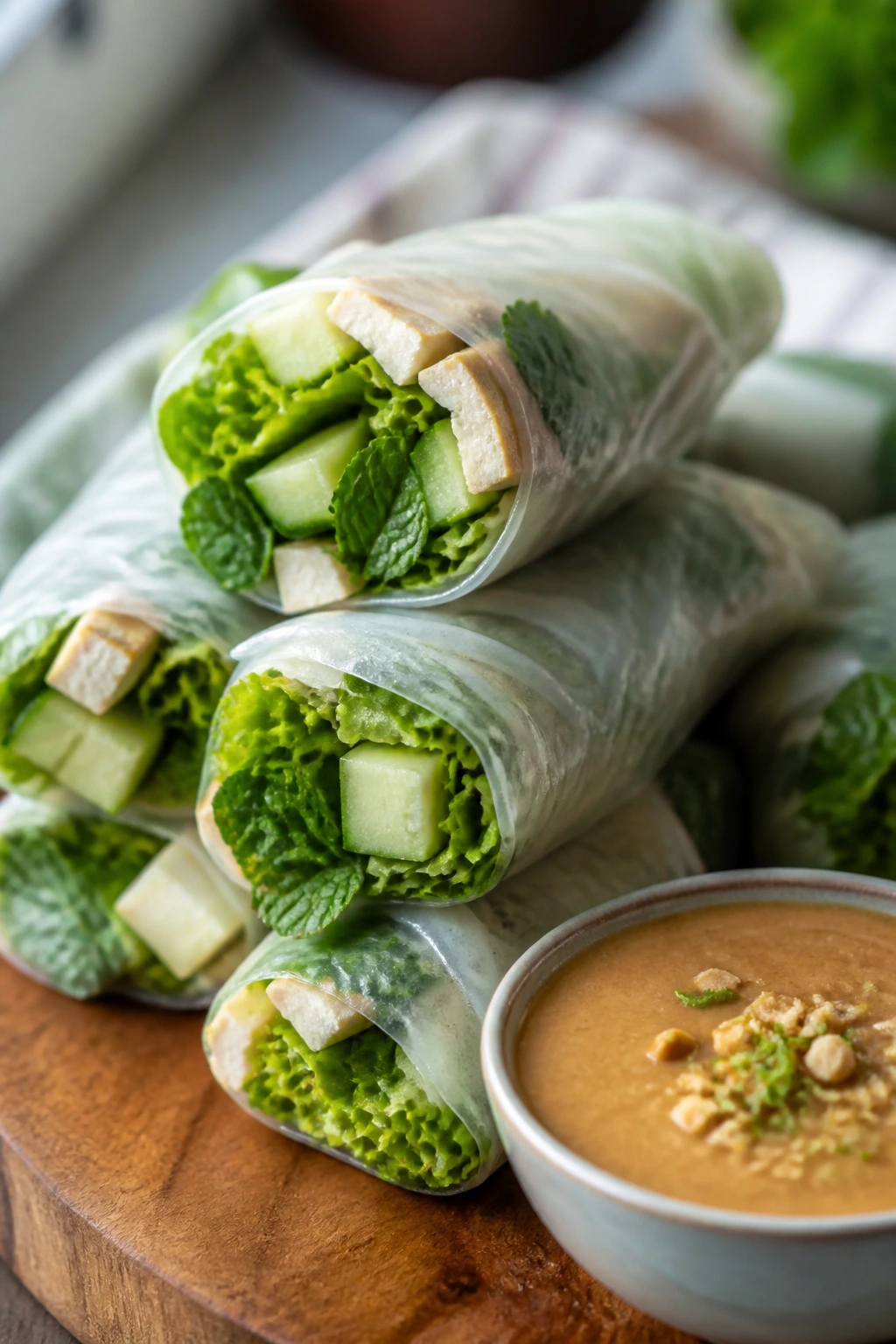 Close-up of fresh garden spring rolls with rice paper and tofu