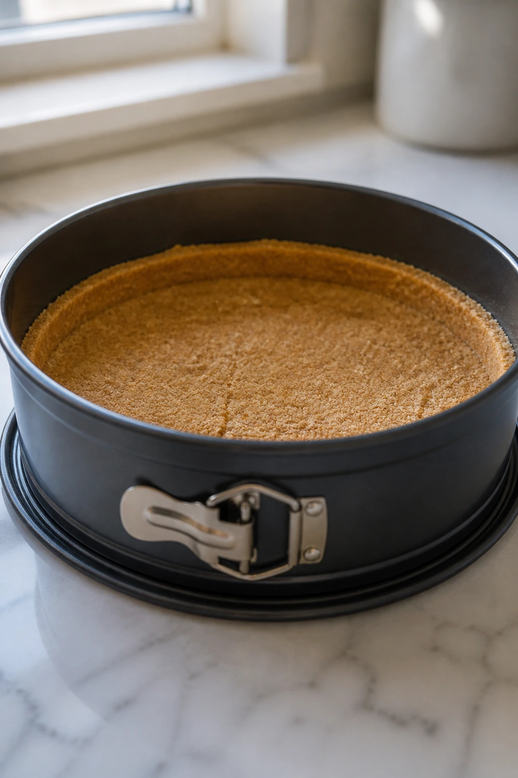 Close-up of a springform pan with crust inside on a kitchen counter