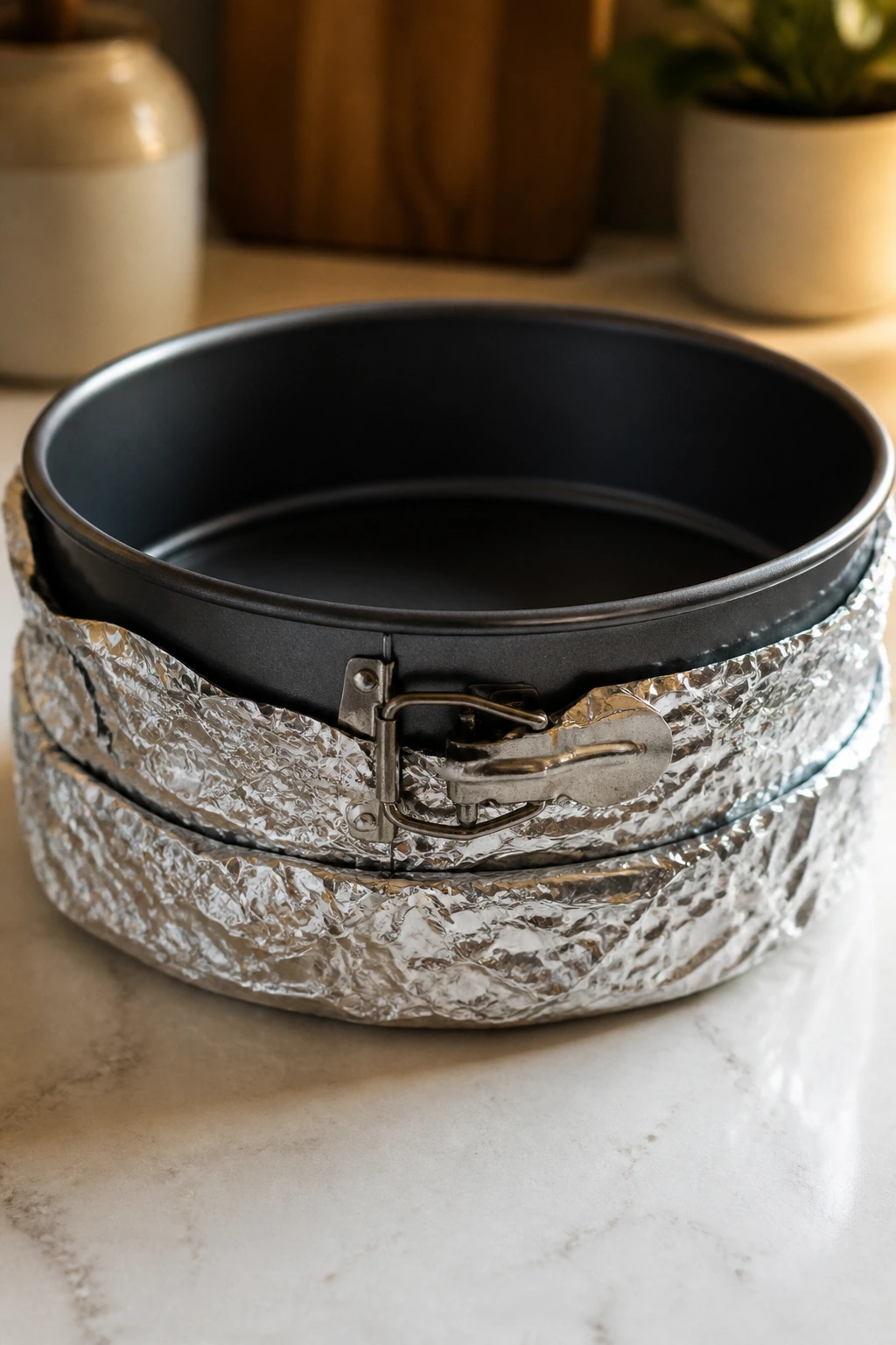 Foil-wrapped springform pan on a kitchen counter