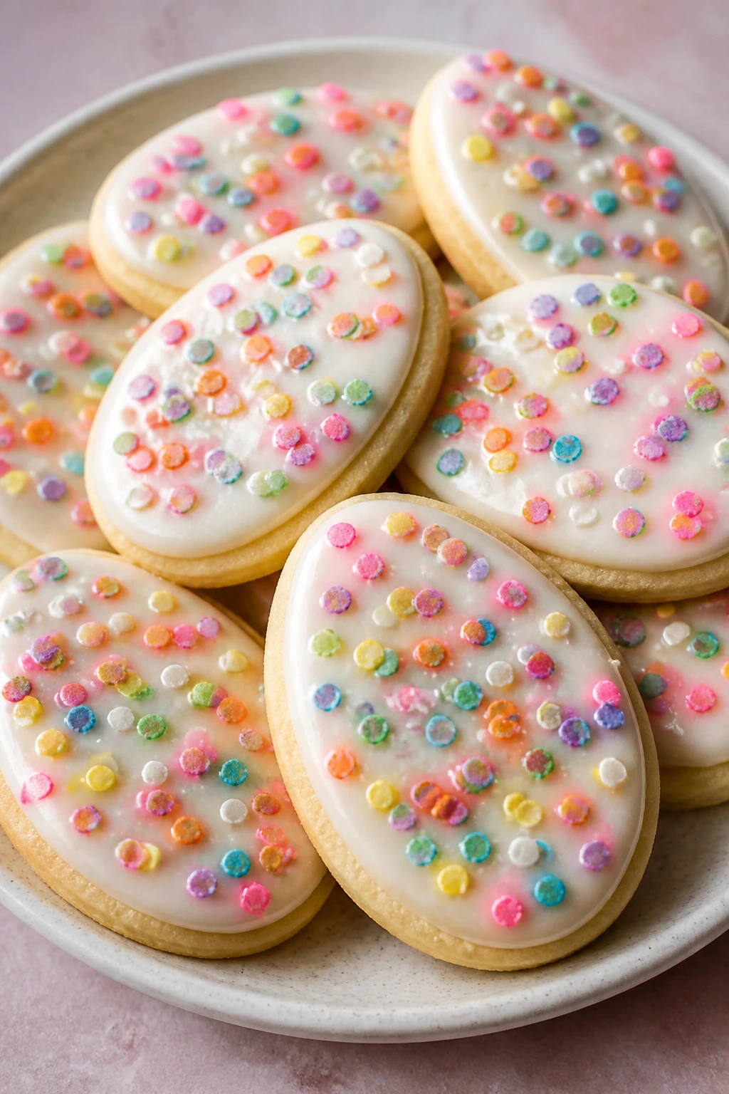 Rainbow sprinkle Easter egg cookies with glaze on a plate