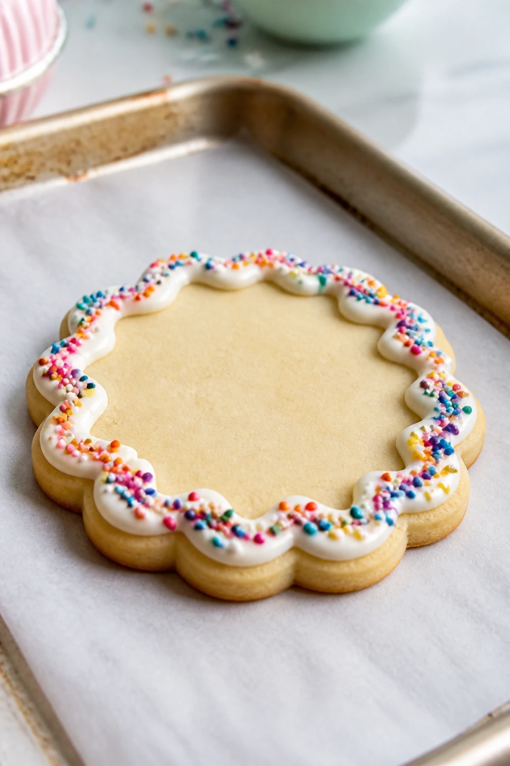 Close-up of sprinkle-rimmed butter cookie with icing border and sprinkles