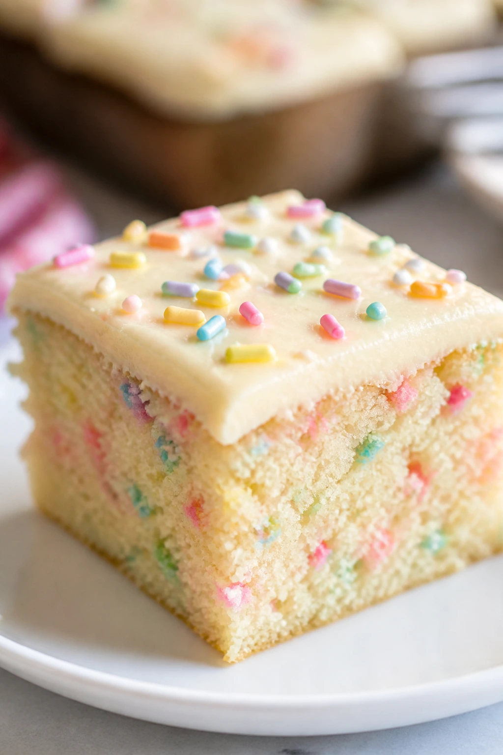 Close-up of pastel sprinkle snack cake on a plate.