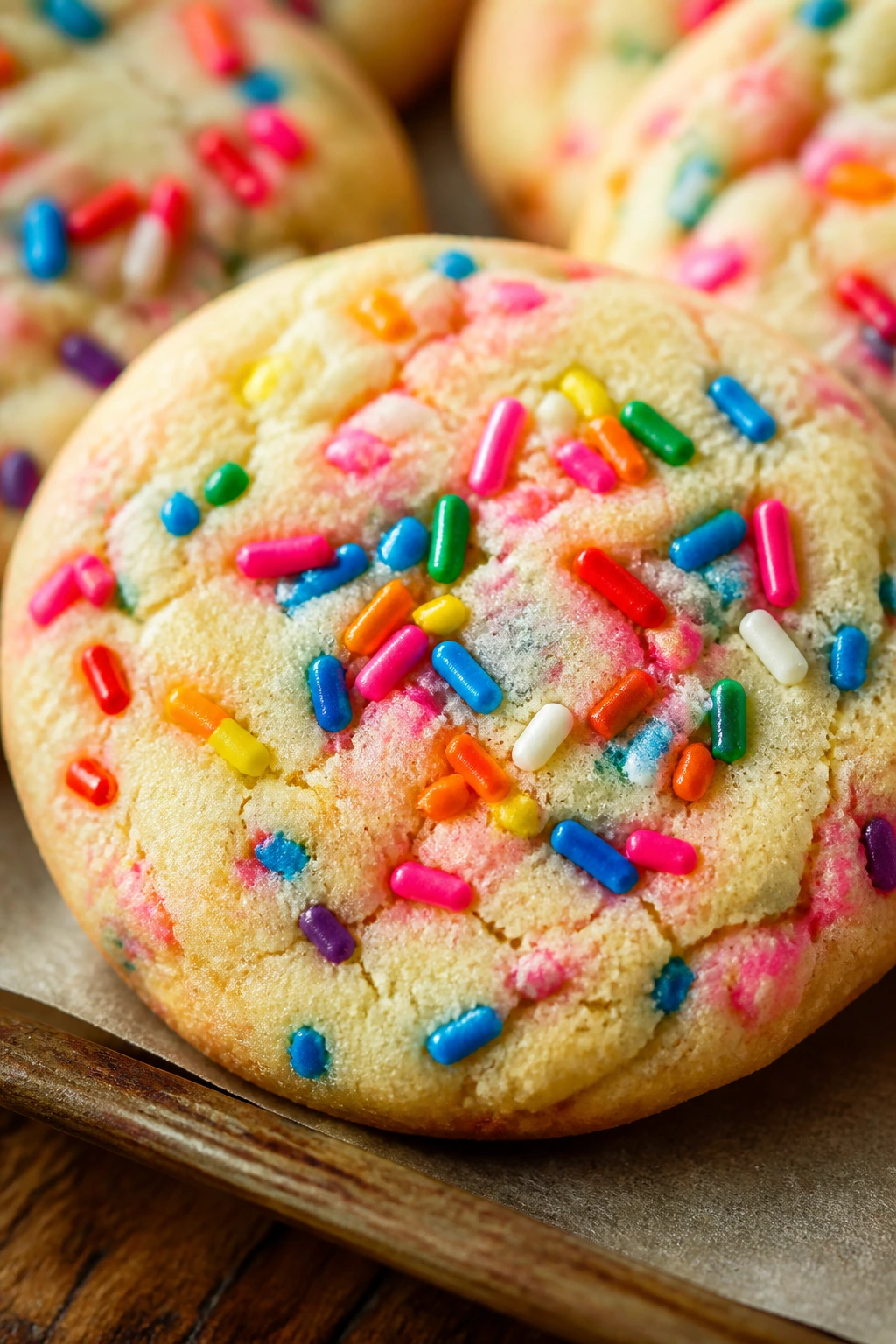 Close-up of a sprinkle sugar cookie with rainbow sprinkles