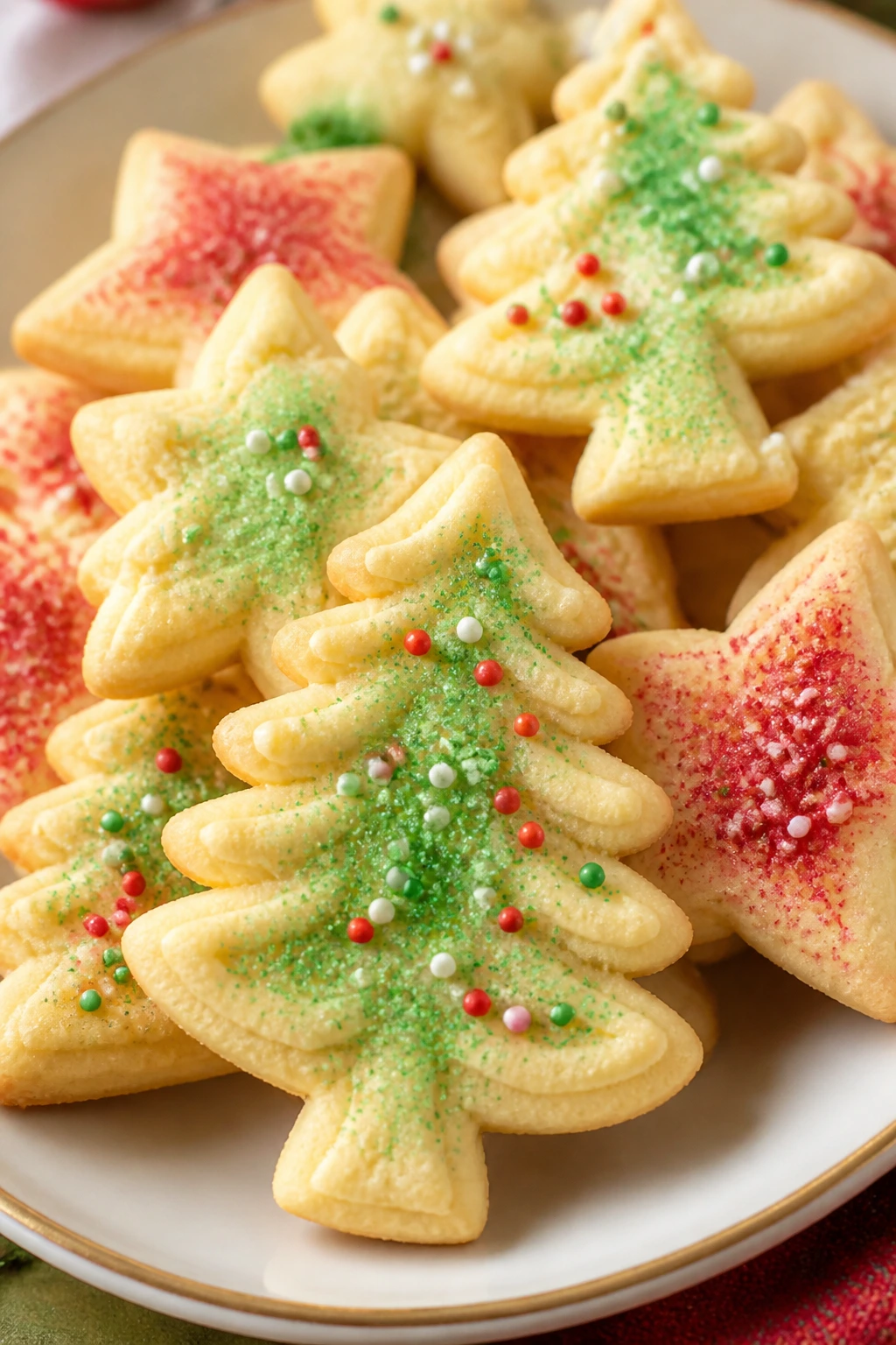 Spritz cookies in tree shapes on a plate