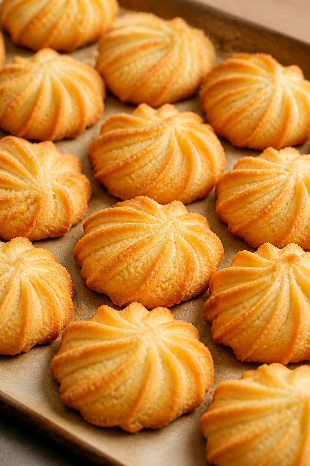 Close-up of Orange Spritz Shells on parchment-lined sheet pan