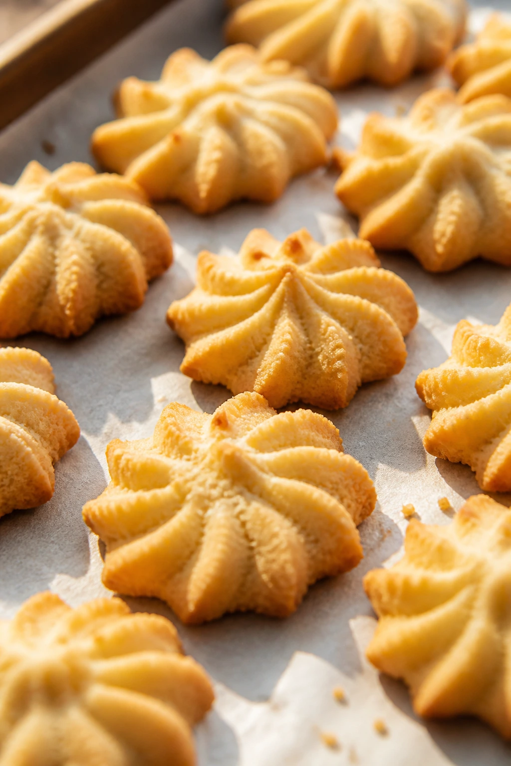 Close-up of ridged spritz cookies on parchment-lined sheet under warm kitchen light