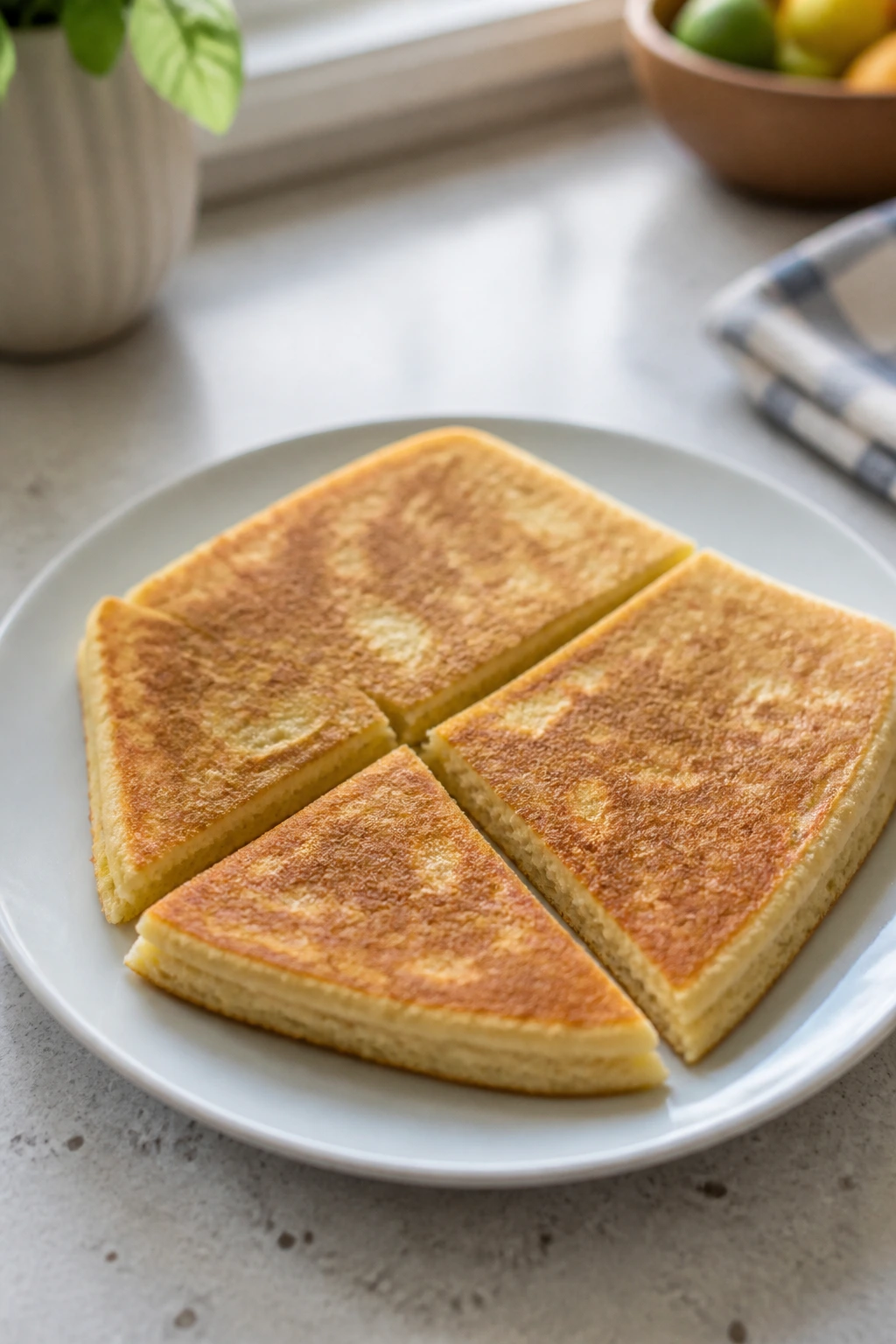 Close-up of square pancakes cut into triangles on a plate, ready to serve