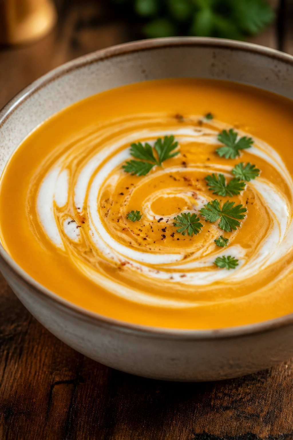 Creamy squash soup in a bowl with coconut milk swirl and herbs