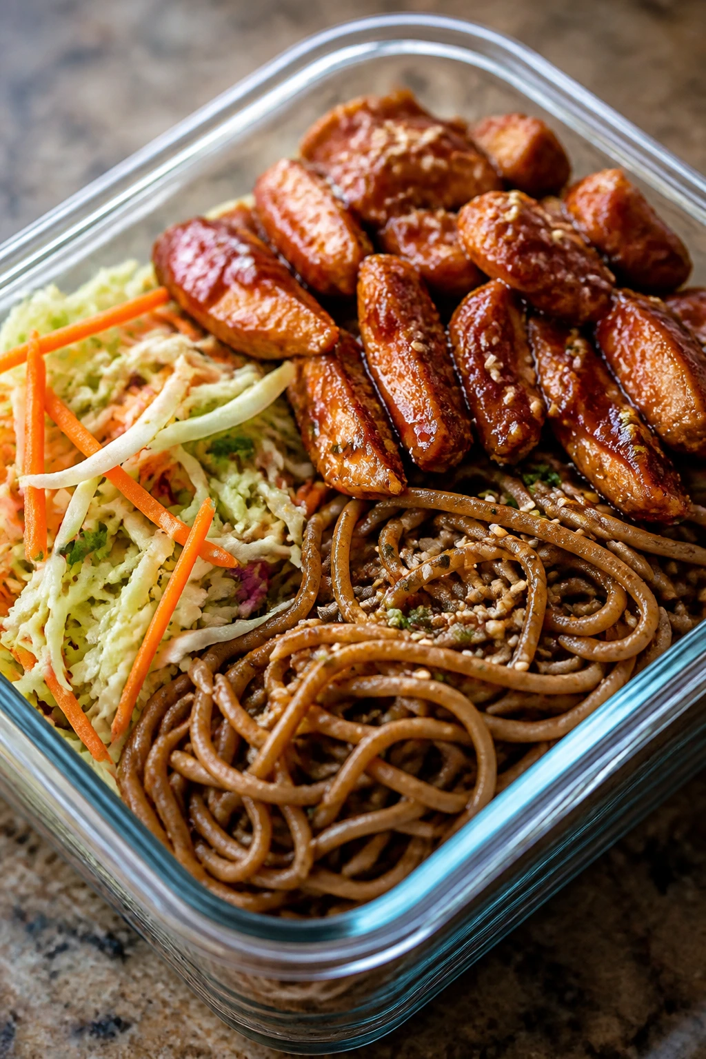 Close-up of sriracha chicken soba meal prep box with cabbage and carrots
